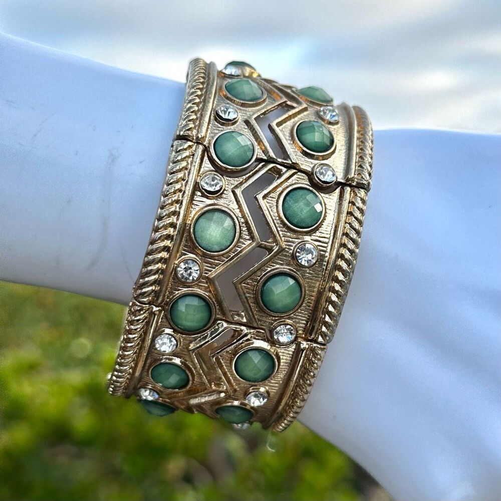 Green gold tone rhinestone wide bracelet